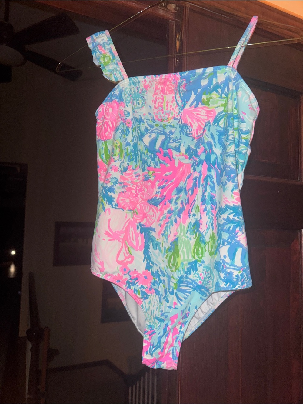 Lilly Pulitzer Girls size 14 Floral One-Piece Swimsuit in Pink & Blue Like New